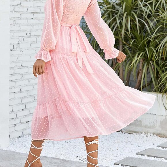 Women's 2023 Boho Long Puff Sleeve Wrap V Midi Dress Swiss Dot Reversible Tie Ba - Picture 4 of 5